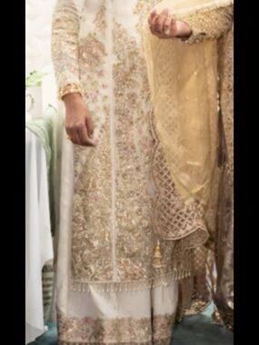 Embroidered Ivory Long-Sleeve Formal Dress with Pink Accents